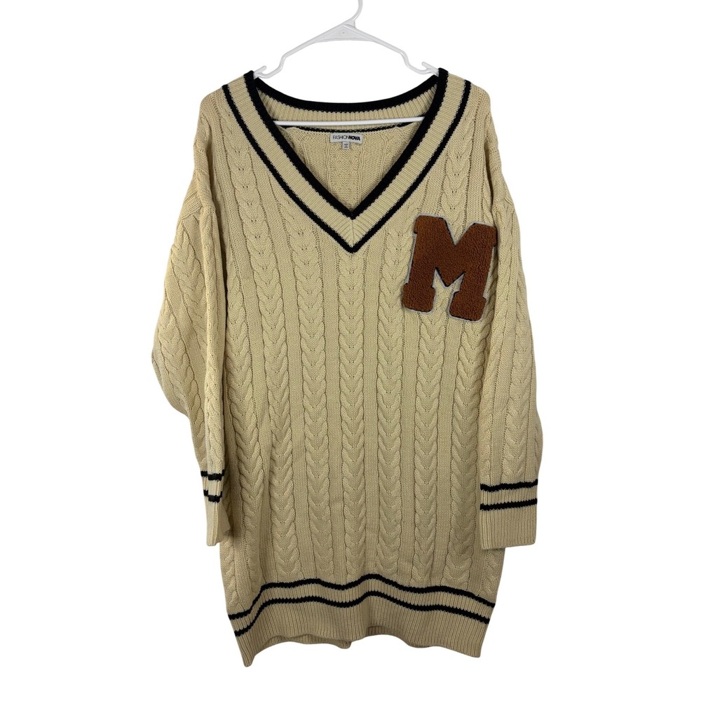 Fashion Nova Varsity Cable Knit Sweater Dress Cream Navy Blue Letter M Medium